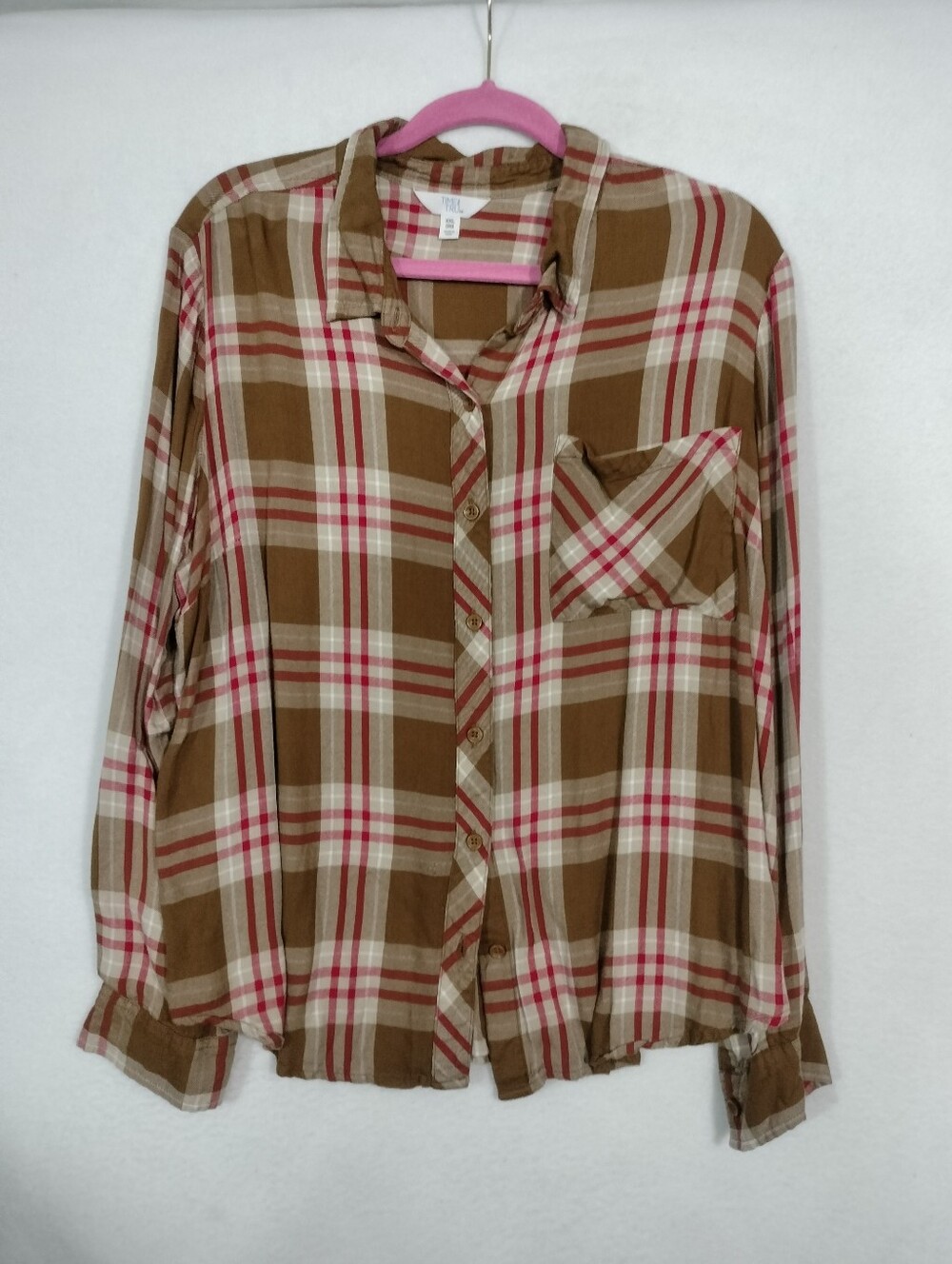 Time and Tru Brown & Pink Plaid Button-Down Shirt